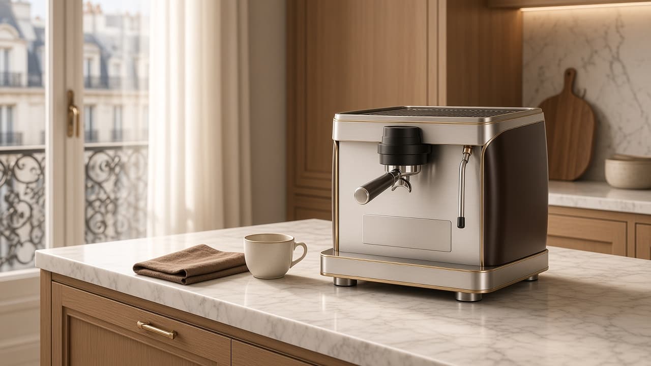 Coin de cuisine claire avec un concept de machine Kitchorra, marbre et lumière du matin.
