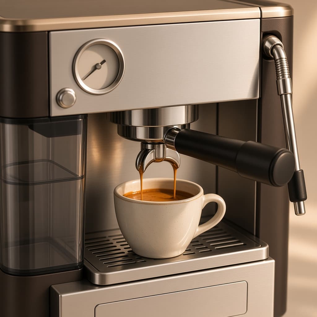 Détail d'extraction du concept Kitchorra Barista Pro, crema dans une tasse en céramique.