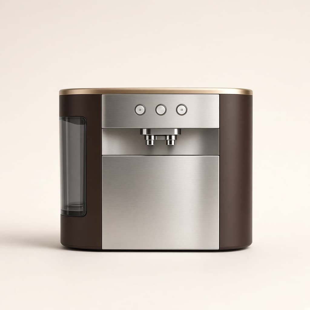 Concept Kitchorra Essential, face avant : machine compacte brun mat, façade en acier brossé, couvercle champagne et deux becs chromés.