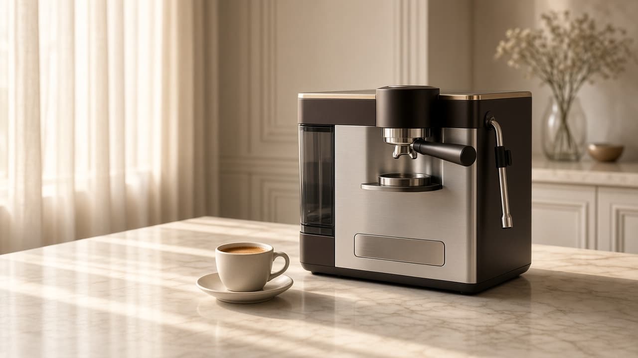 Concept de machine à espresso Kitchorra sur un plan de marbre, dans une cuisine baignée de lumière du matin.
