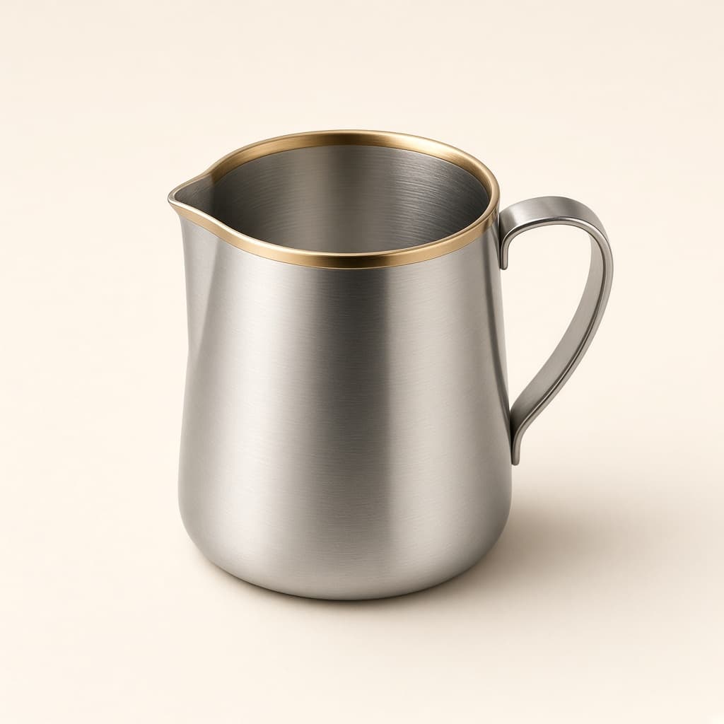 Pichet à lait Kitchorra en acier brossé avec un liseré champagne, sur fond ivoire.